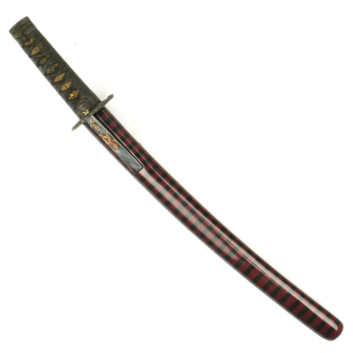 Original Japanese Ancient Wakizashi Sword by TOMOYUKI with Kogatana Knife in Lacquered Scabbard - Signed Blades