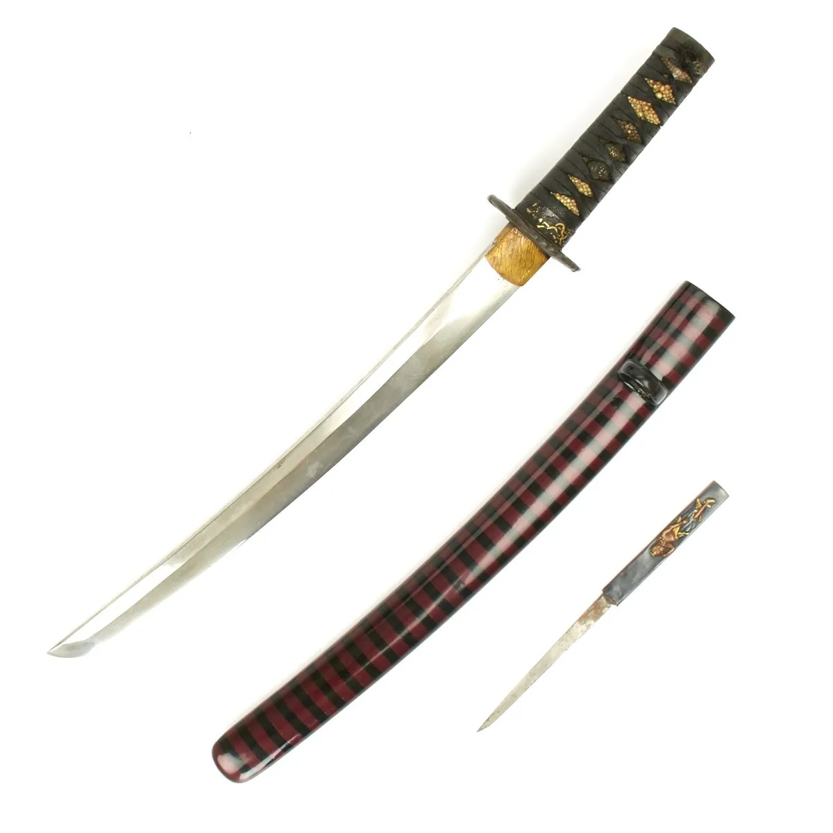 Original Japanese Ancient Wakizashi Sword by TOMOYUKI with Kogatana Knife in Lacquered Scabbard - Signed Blades