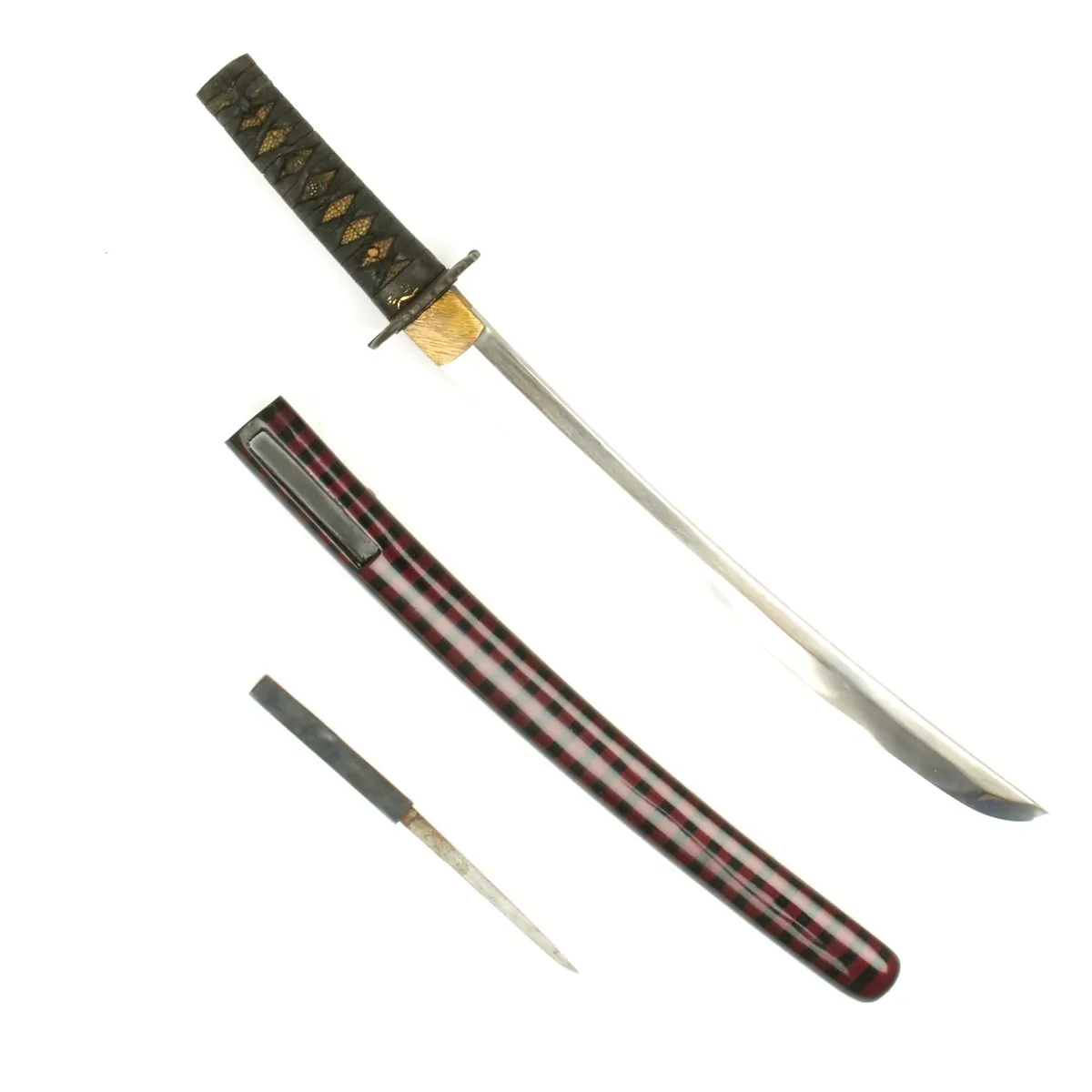 Original Japanese Ancient Wakizashi Sword by TOMOYUKI with Kogatana Knife in Lacquered Scabbard - Signed Blades