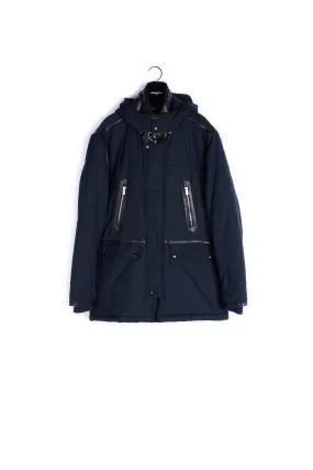 Parka en nylon piqué à capuche et détails cuir
