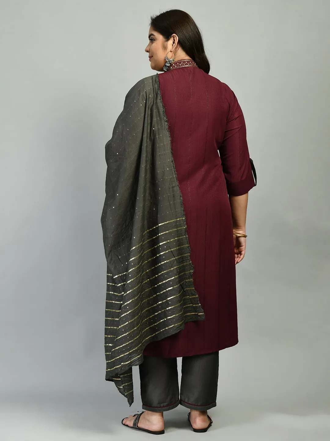 Plus Size Wine Mandarin Collar Kurta Set