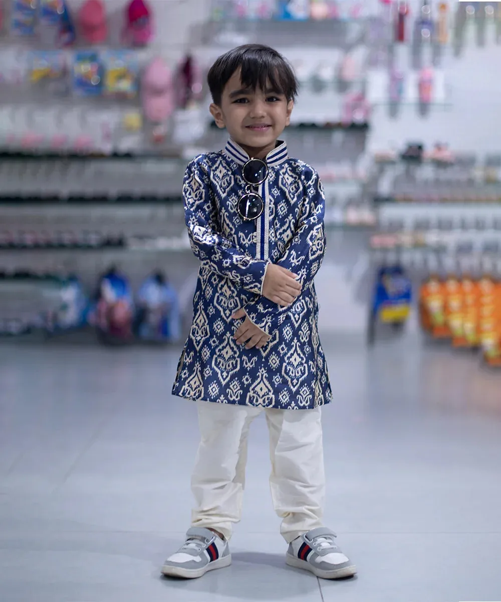 Raw Silk Indigo Blue Printed Party Wear Kurta Pyjama for Boys