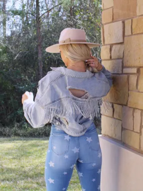 Reesey B Rhinestone Fringe Jean Jacket, Denim
