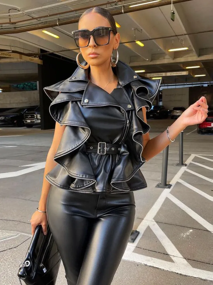 Ruffled Lace Up PU Leather Sleeveless with Belt Top