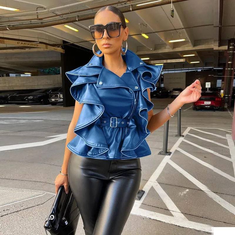 Ruffled Lace Up PU Leather Sleeveless with Belt Top