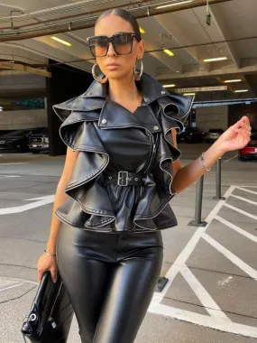 Ruffled Lace Up PU Leather Sleeveless with Belt Top