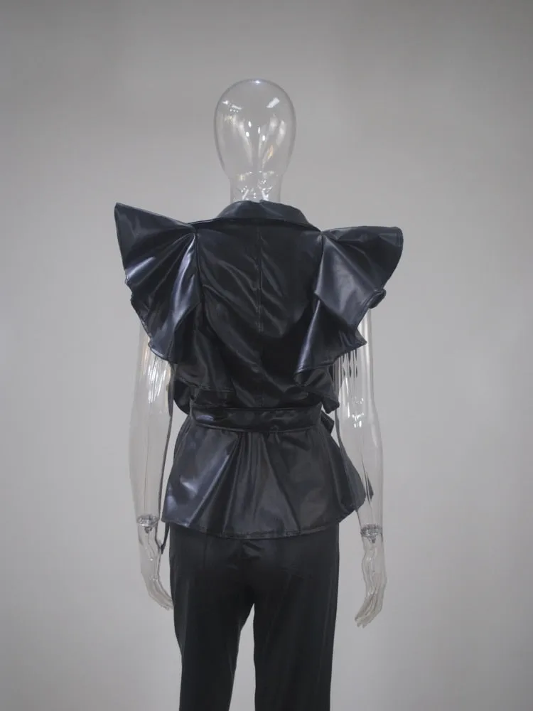 Ruffled Lace Up PU Leather Sleeveless with Belt Top