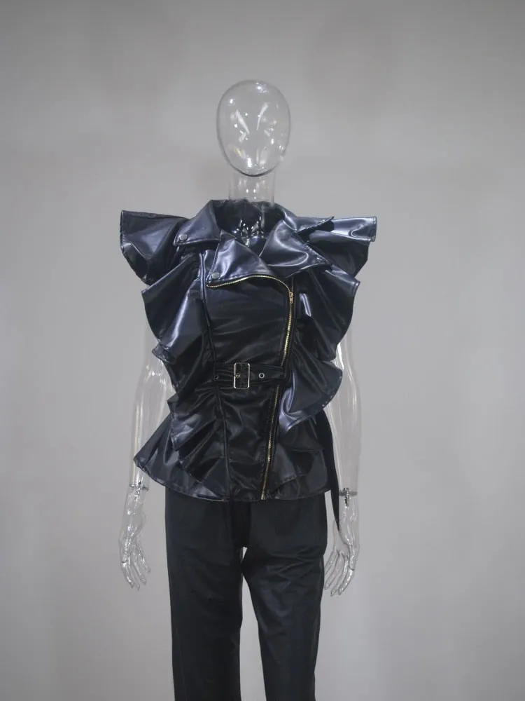 Ruffled Lace Up PU Leather Sleeveless with Belt Top