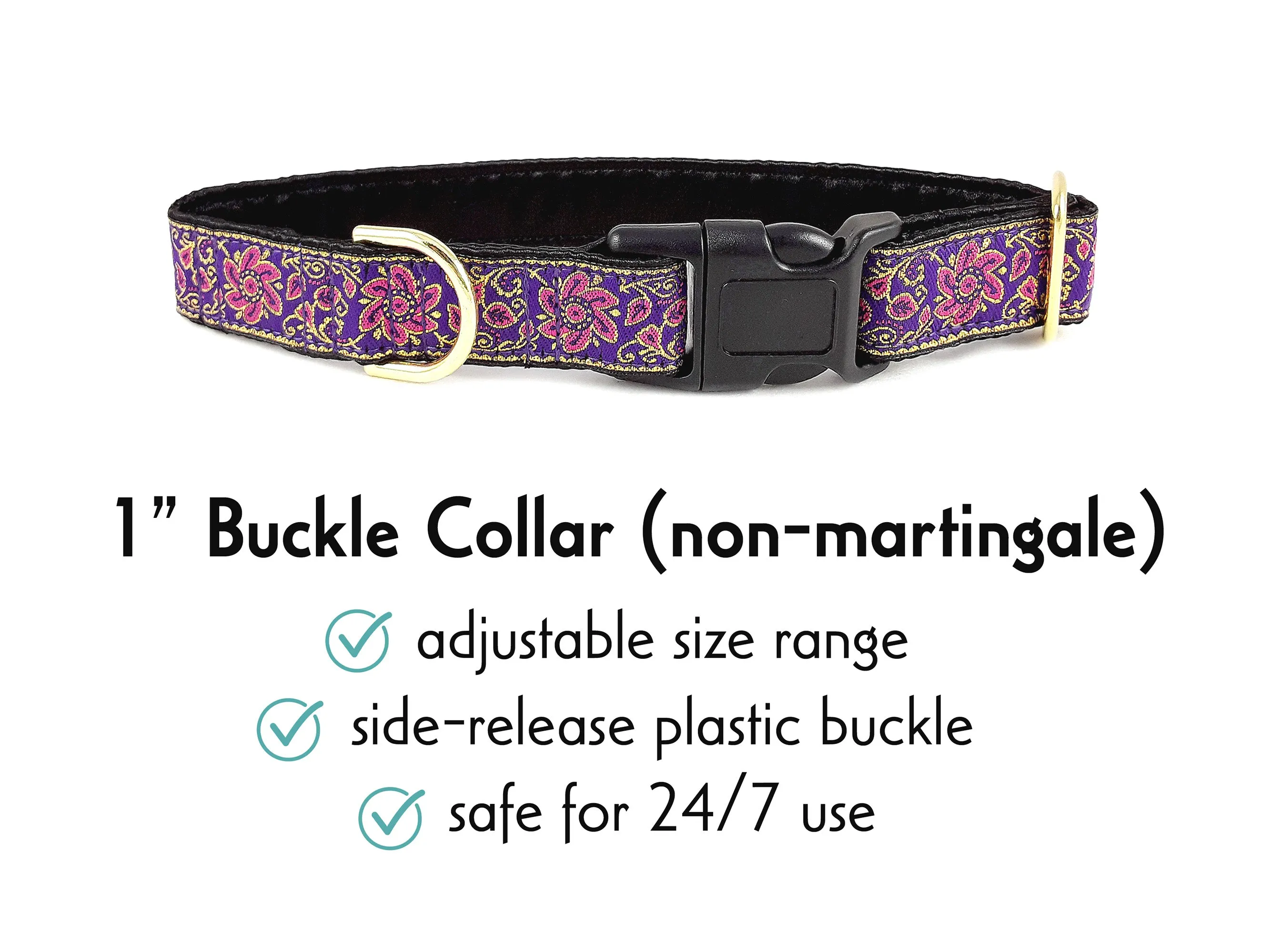 Sevilla in Purple, Pink & Gold - Martingale Dog Collar or Buckle Dog Collar - 1" Width