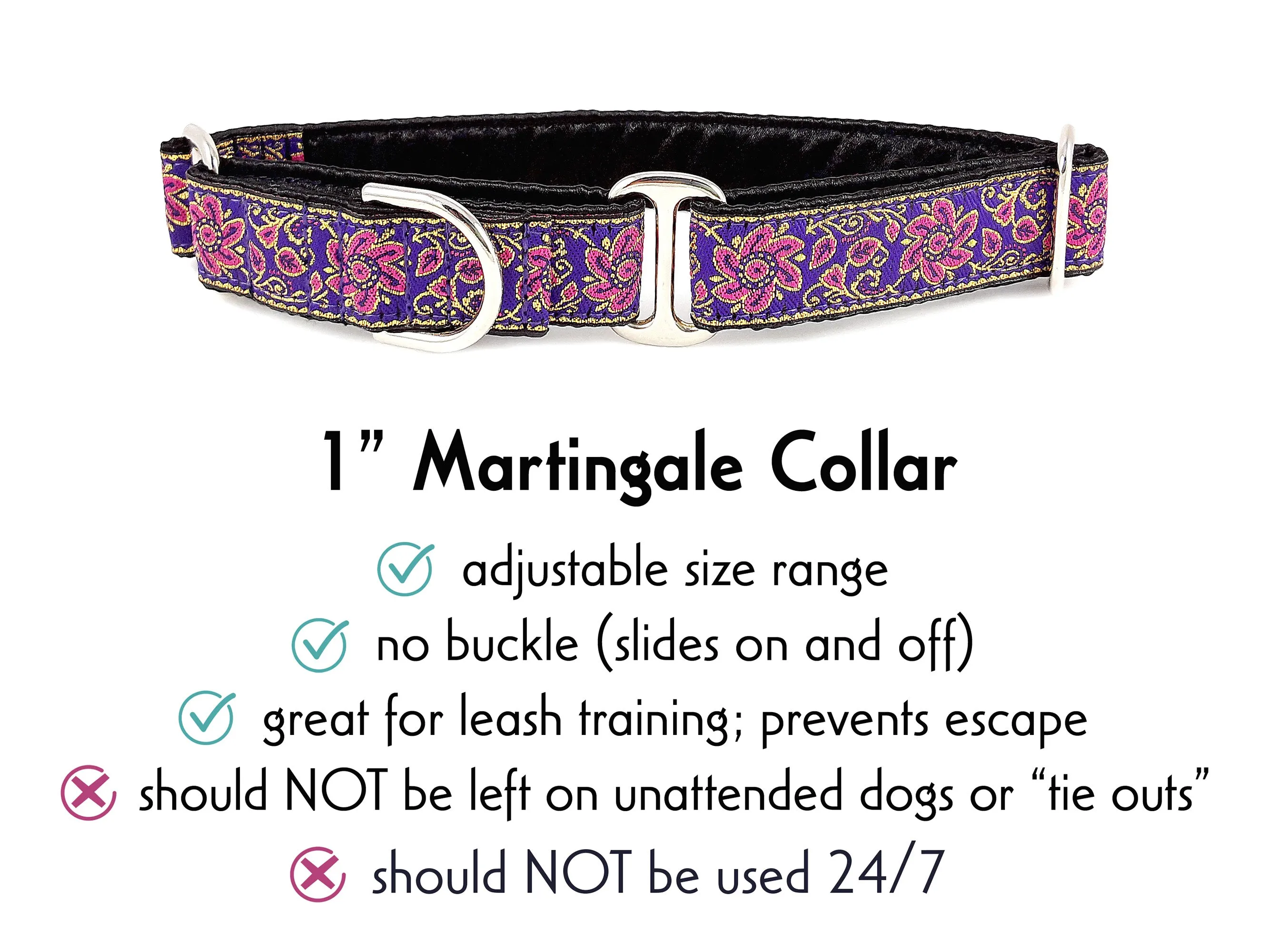 Sevilla in Purple, Pink & Gold - Martingale Dog Collar or Buckle Dog Collar - 1" Width