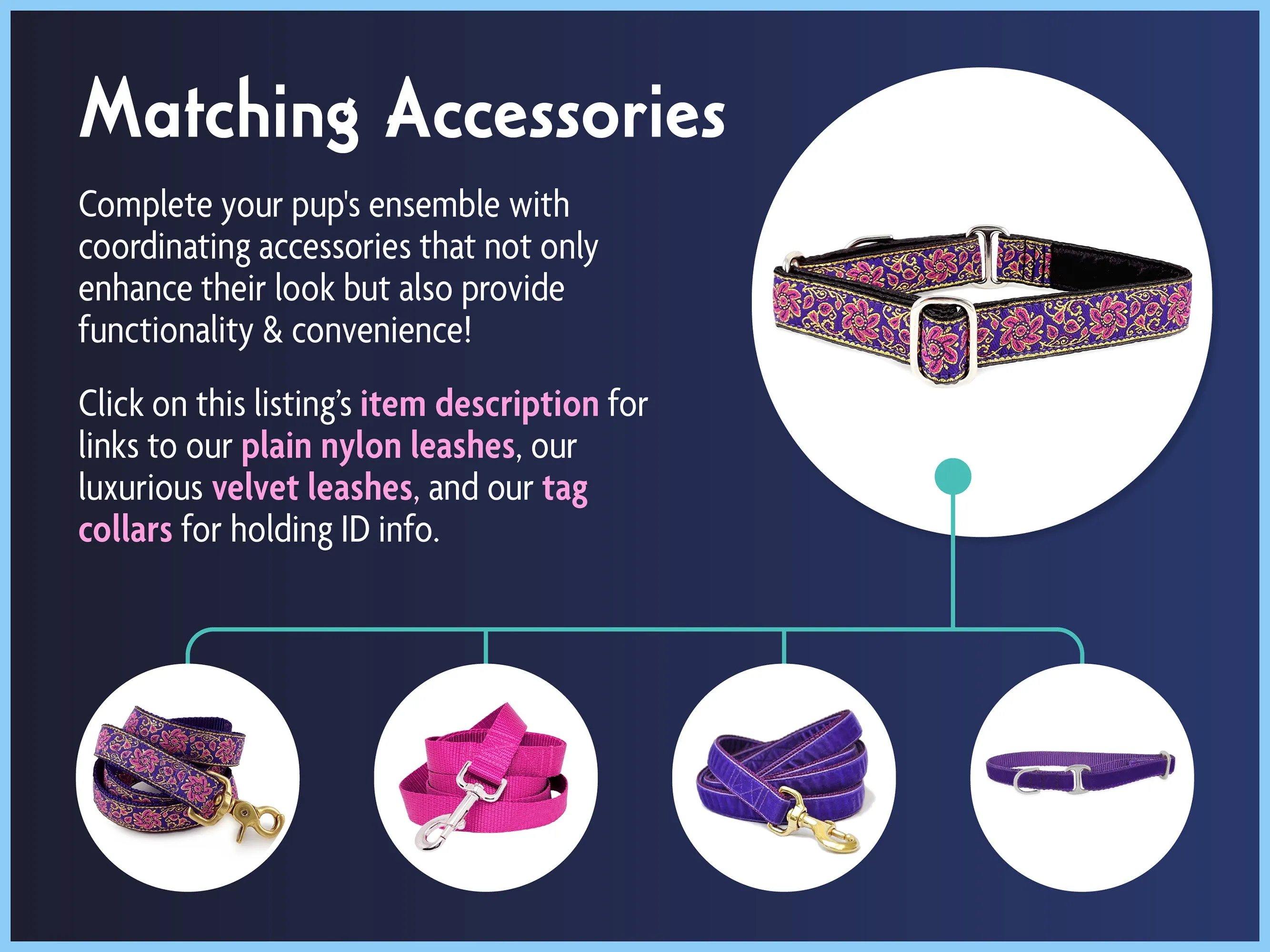 Sevilla in Purple, Pink & Gold - Martingale Dog Collar or Buckle Dog Collar - 1" Width