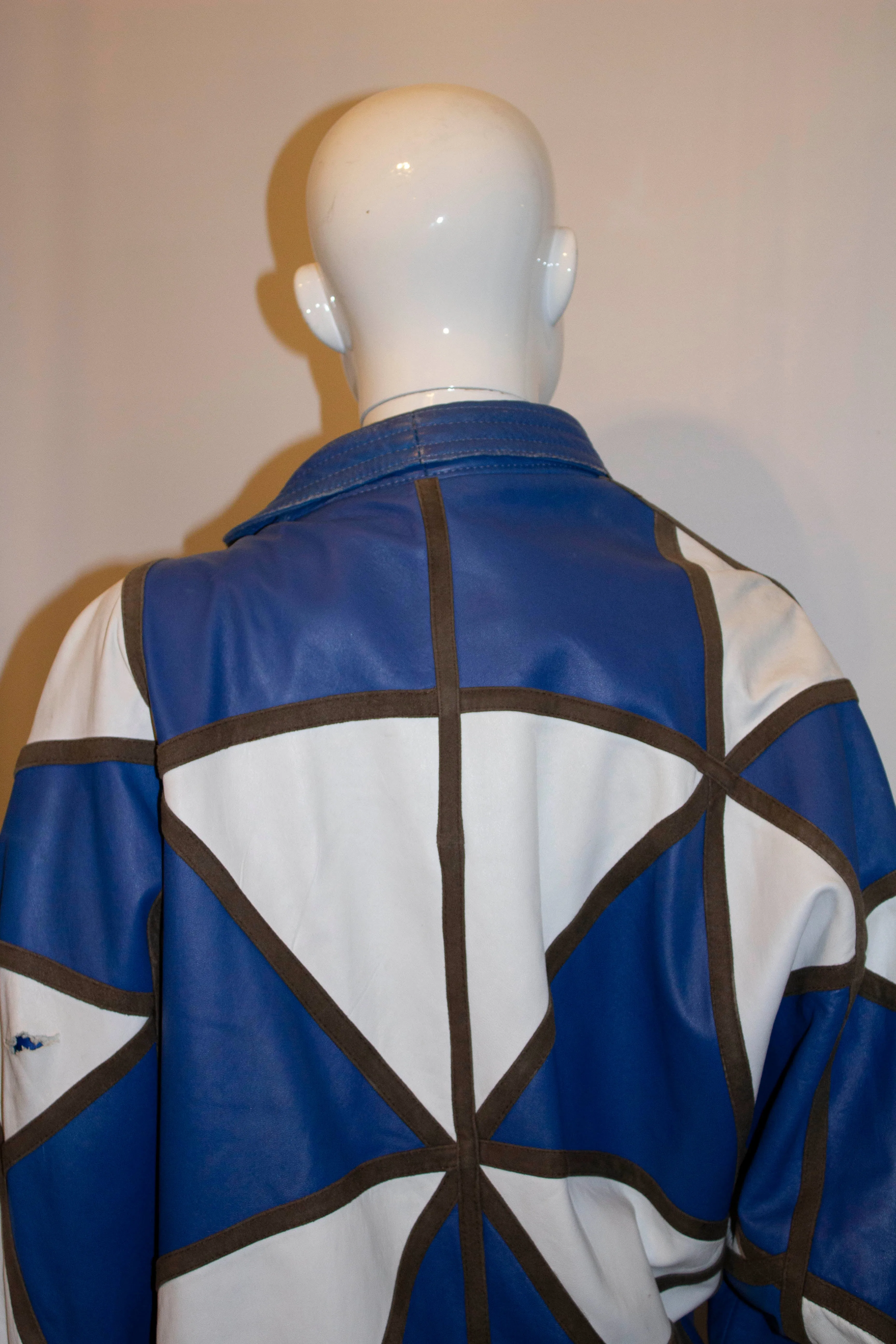 Vintage 1980s Blue and White leather oversize jacket
