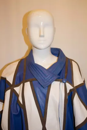 Vintage 1980s Blue and White leather oversize jacket