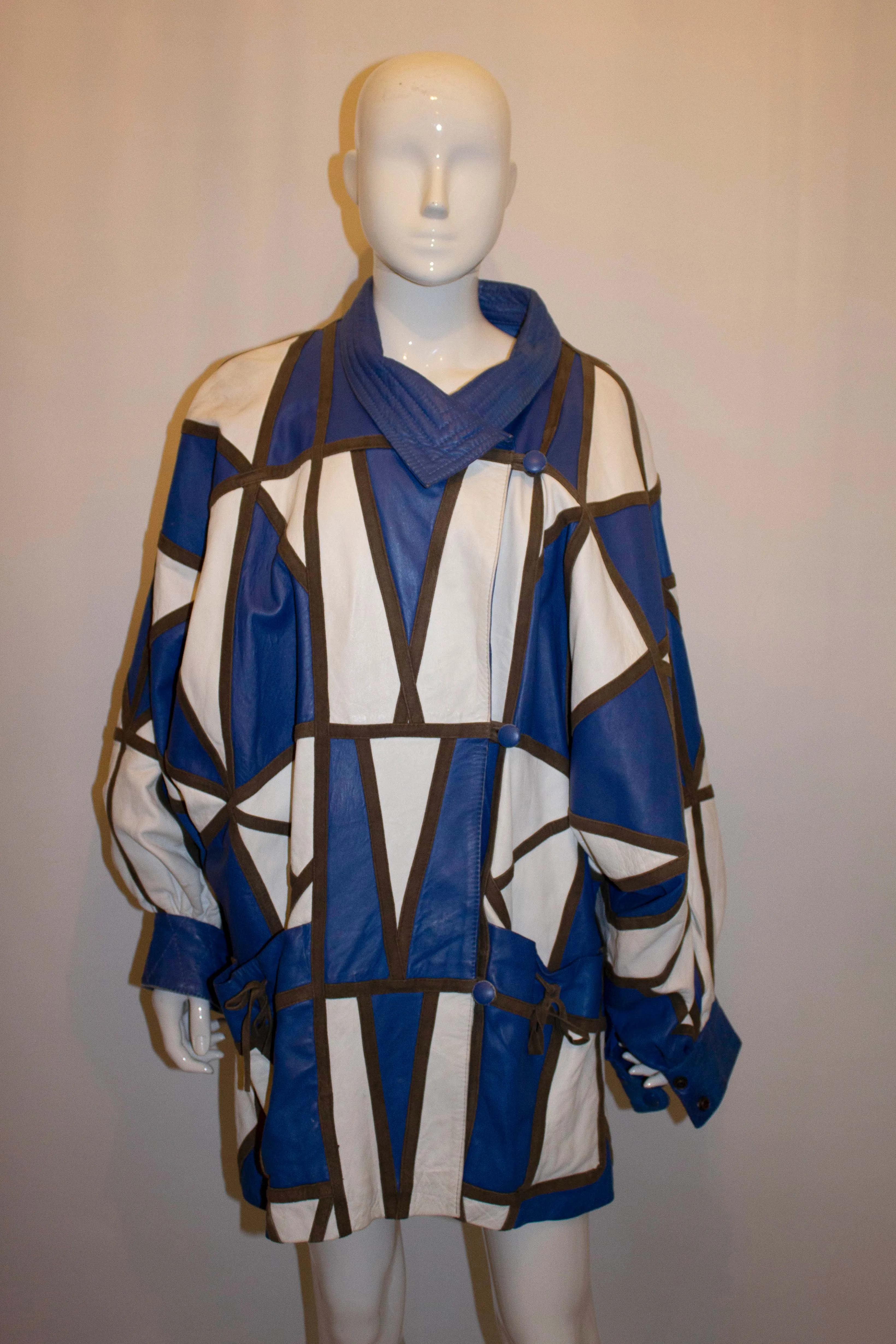 Vintage 1980s Blue and White leather oversize jacket