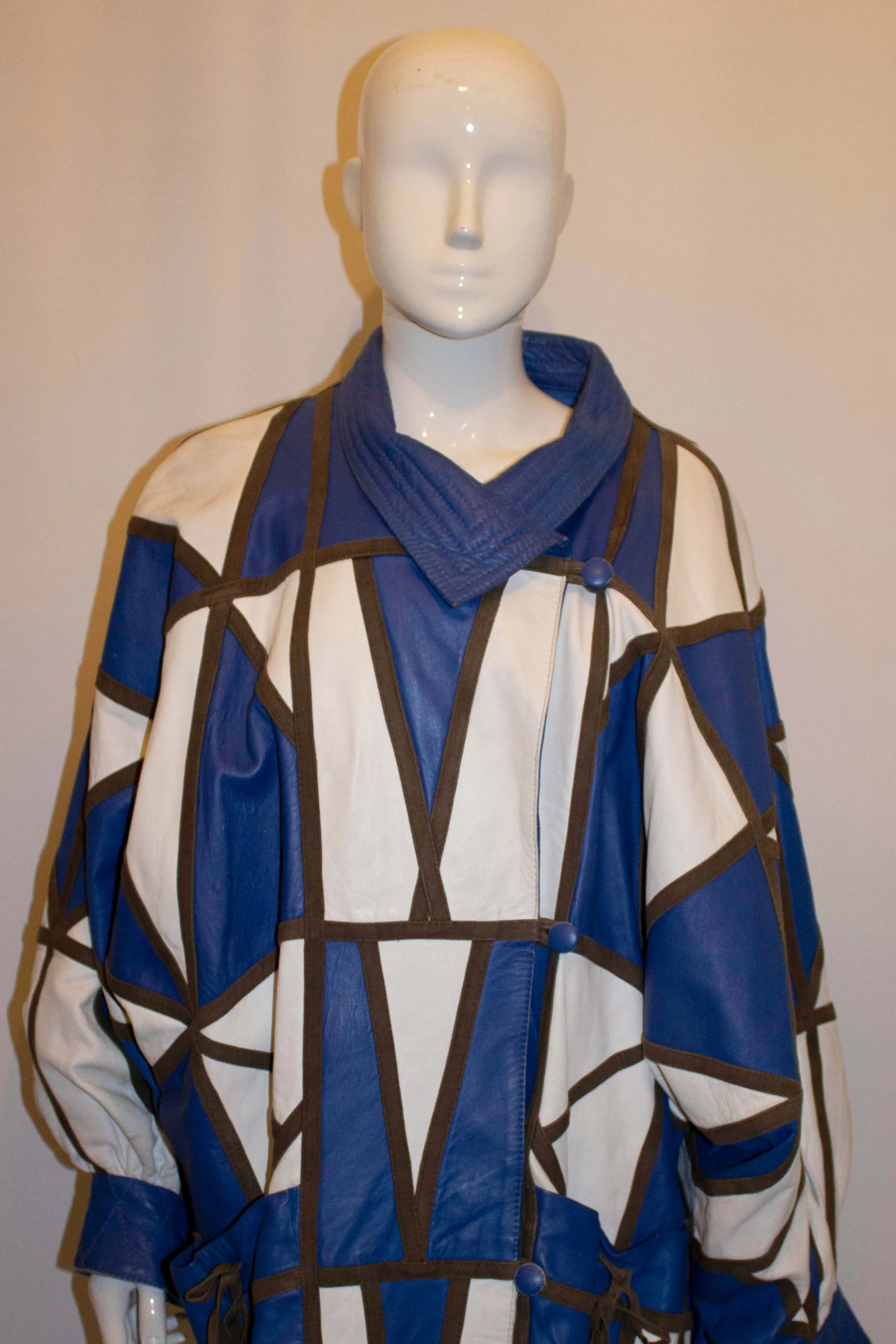 Vintage 1980s Blue and White leather oversize jacket