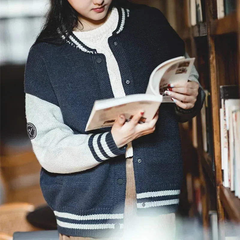 Vintage Casual Sweaters for Women Autumn Winter Baseball Uniform Cardigans Warm Thick Knitwears 2022 Fashion Bomber Jacket