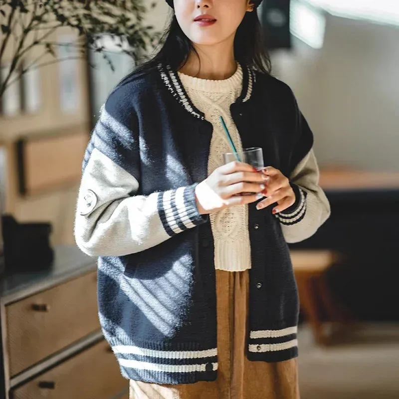 Vintage Casual Sweaters for Women Autumn Winter Baseball Uniform Cardigans Warm Thick Knitwears 2022 Fashion Bomber Jacket