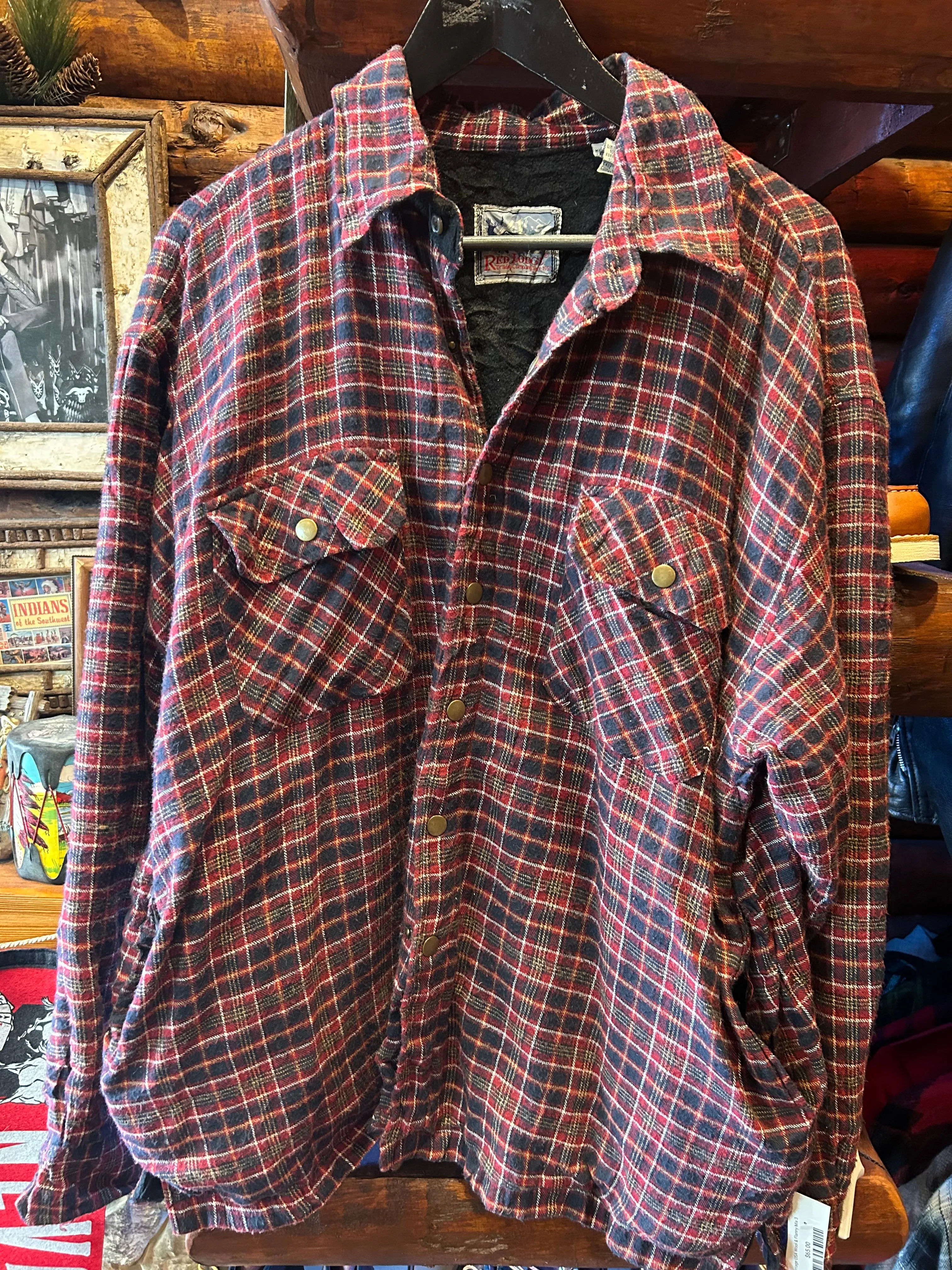 Vintage Red Lodge Black Sherpa Lined Red Tartan Light Jacket, XL