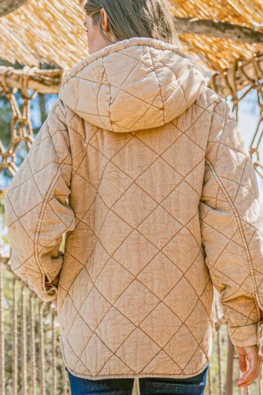 Washed Cotton Quilted 1/2 Zip Hooded Pullover