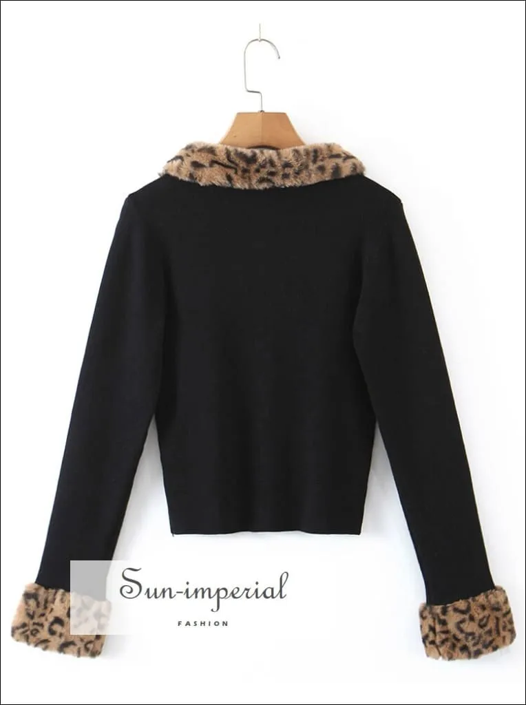 Women Black Long Sleeve Zipped Cardi With Leopard Fur Collar Cuff
