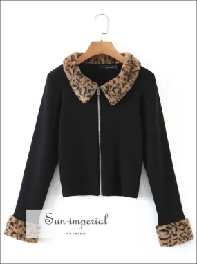 Women Black Long Sleeve Zipped Cardi With Leopard Fur Collar Cuff