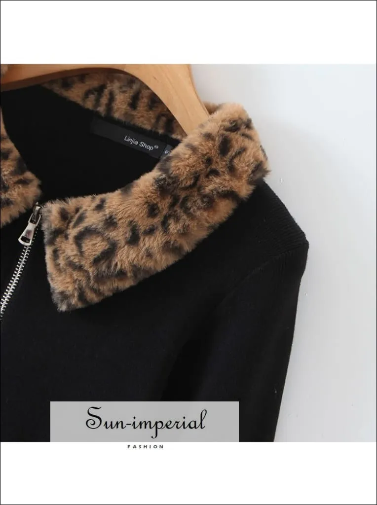 Women Black Long Sleeve Zipped Cardi With Leopard Fur Collar Cuff