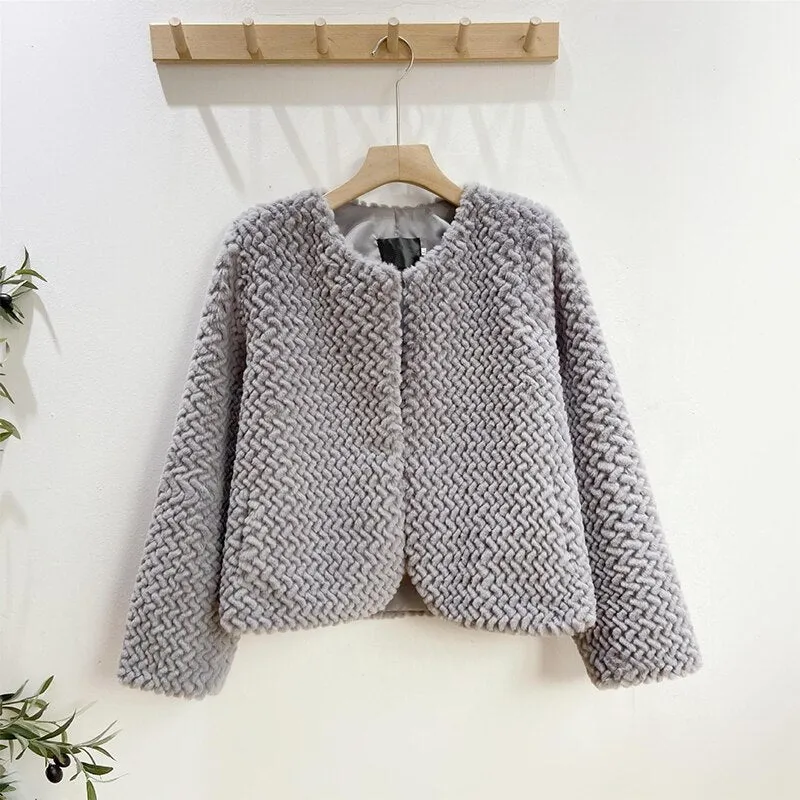 Women Slim Short Faux Fur Fluffy Jacket