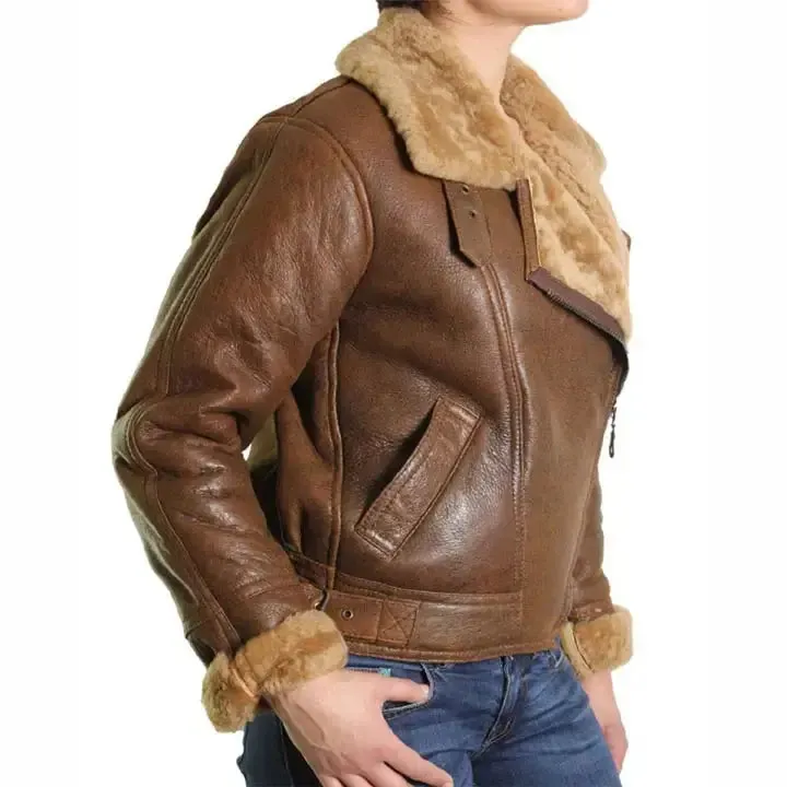 Women's Brown Fur Shearling Flying Bomber Aviator Jacket - Stylish & Warm