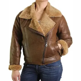Women's Brown Fur Shearling Flying Bomber Aviator Jacket - Stylish & Warm