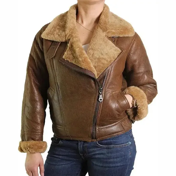Women's Brown Fur Shearling Flying Bomber Aviator Jacket - Stylish & Warm