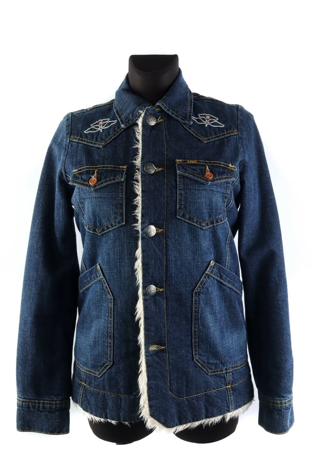 Women's LEE OUTERWEAR Navy Denim 100% Cotton Sherpa Rider Jacket Size s