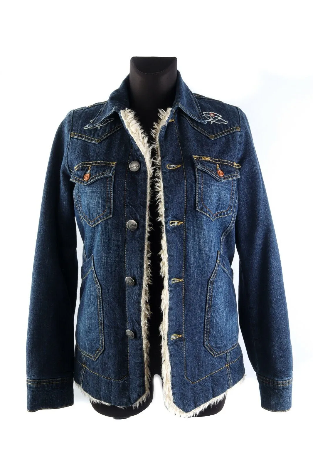 Women's LEE OUTERWEAR Navy Denim 100% Cotton Sherpa Rider Jacket Size s