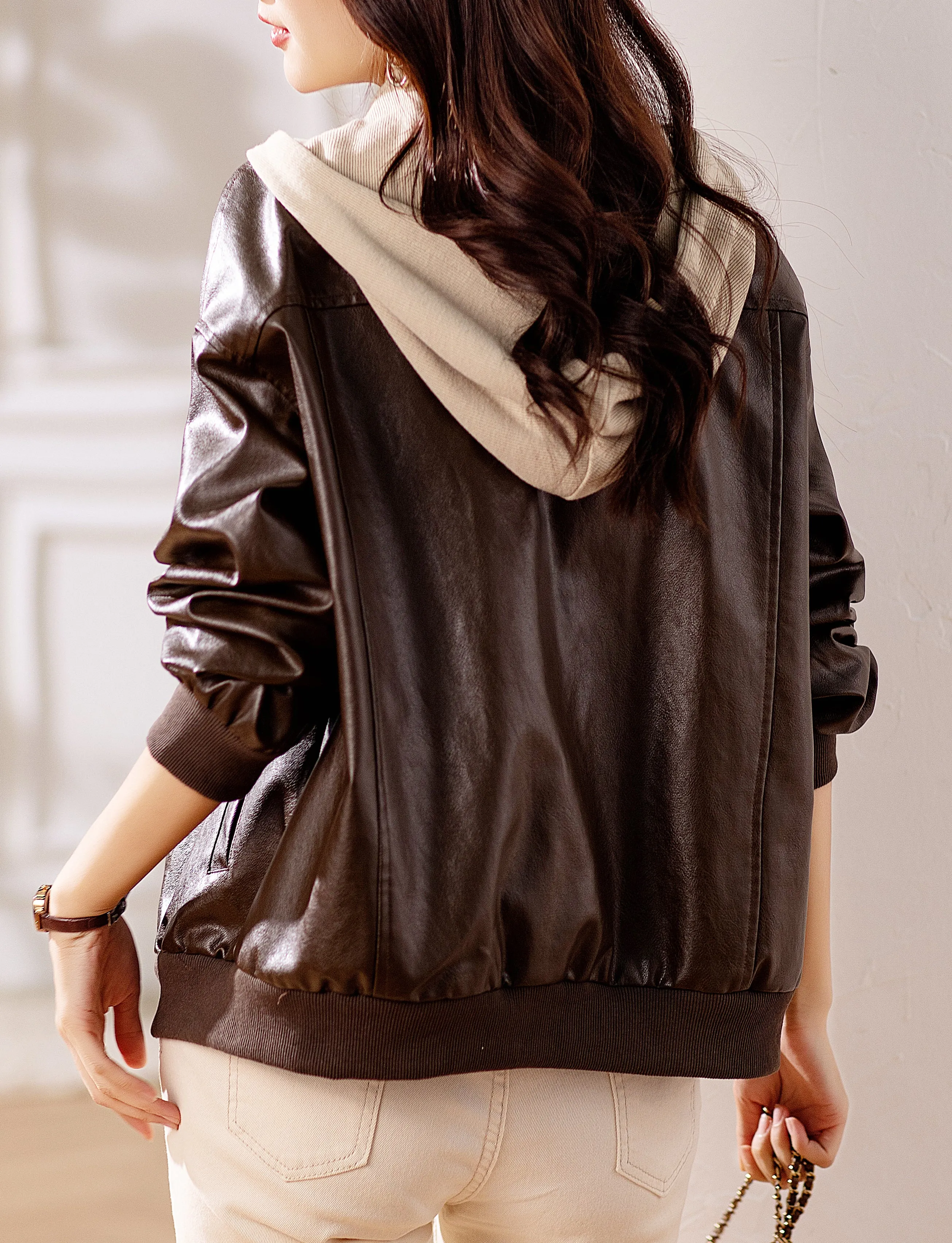 Womens Removable Hooded Faux Leather Jacket Biker Baseball Streetwear Coat