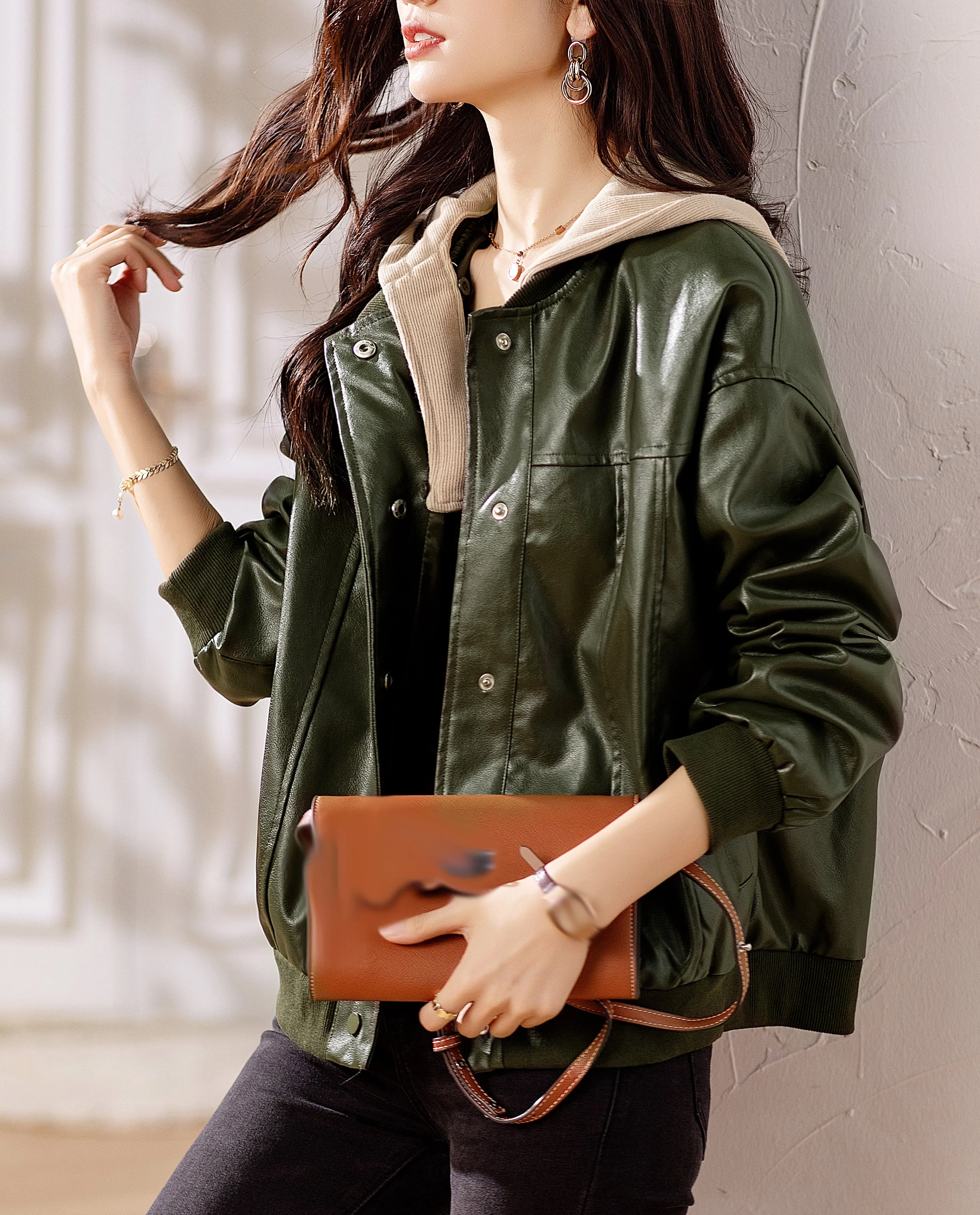 Womens Removable Hooded Faux Leather Jacket Biker Baseball Streetwear Coat