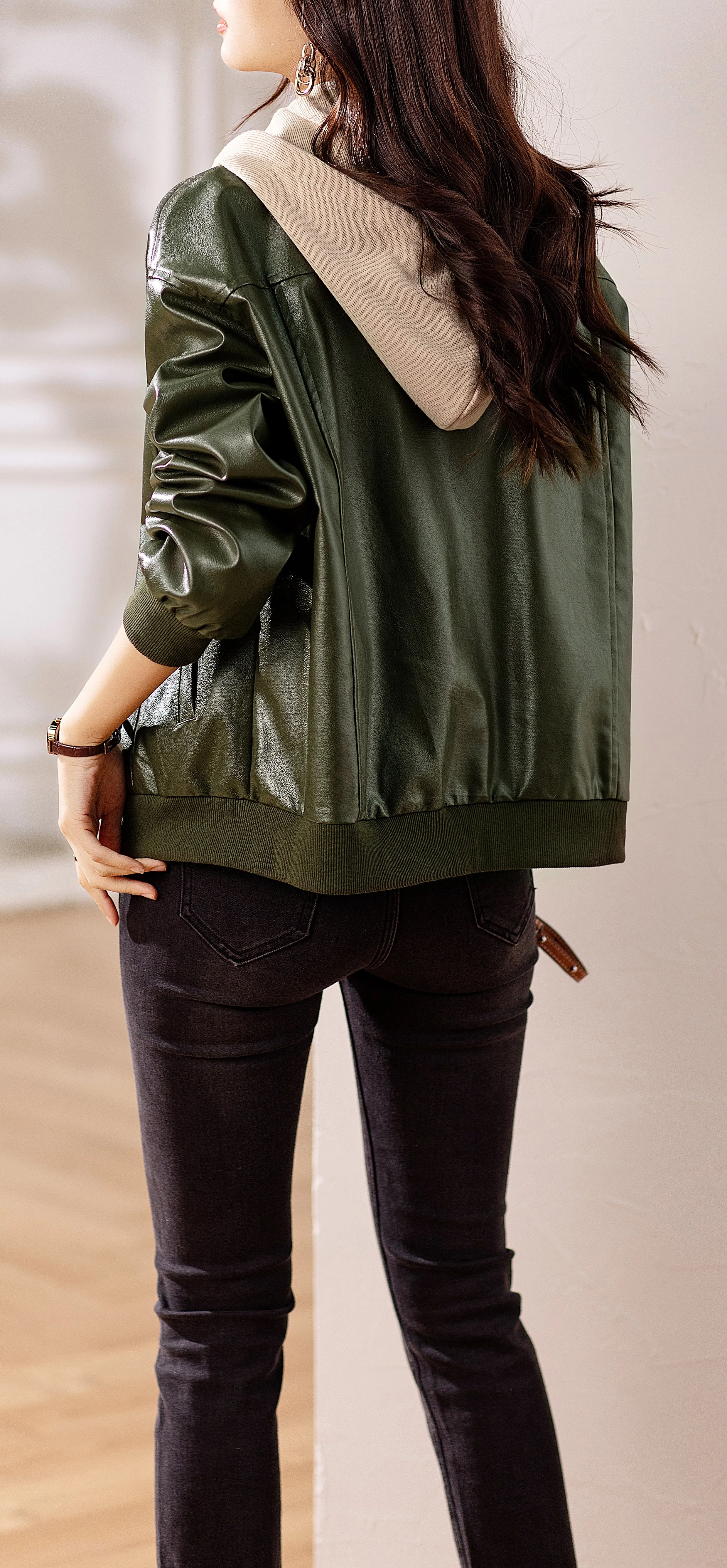 Womens Removable Hooded Faux Leather Jacket Biker Baseball Streetwear Coat