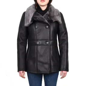Women's Supple Sheepskin Double Breasted Fur Collar Coat Black Thelma
