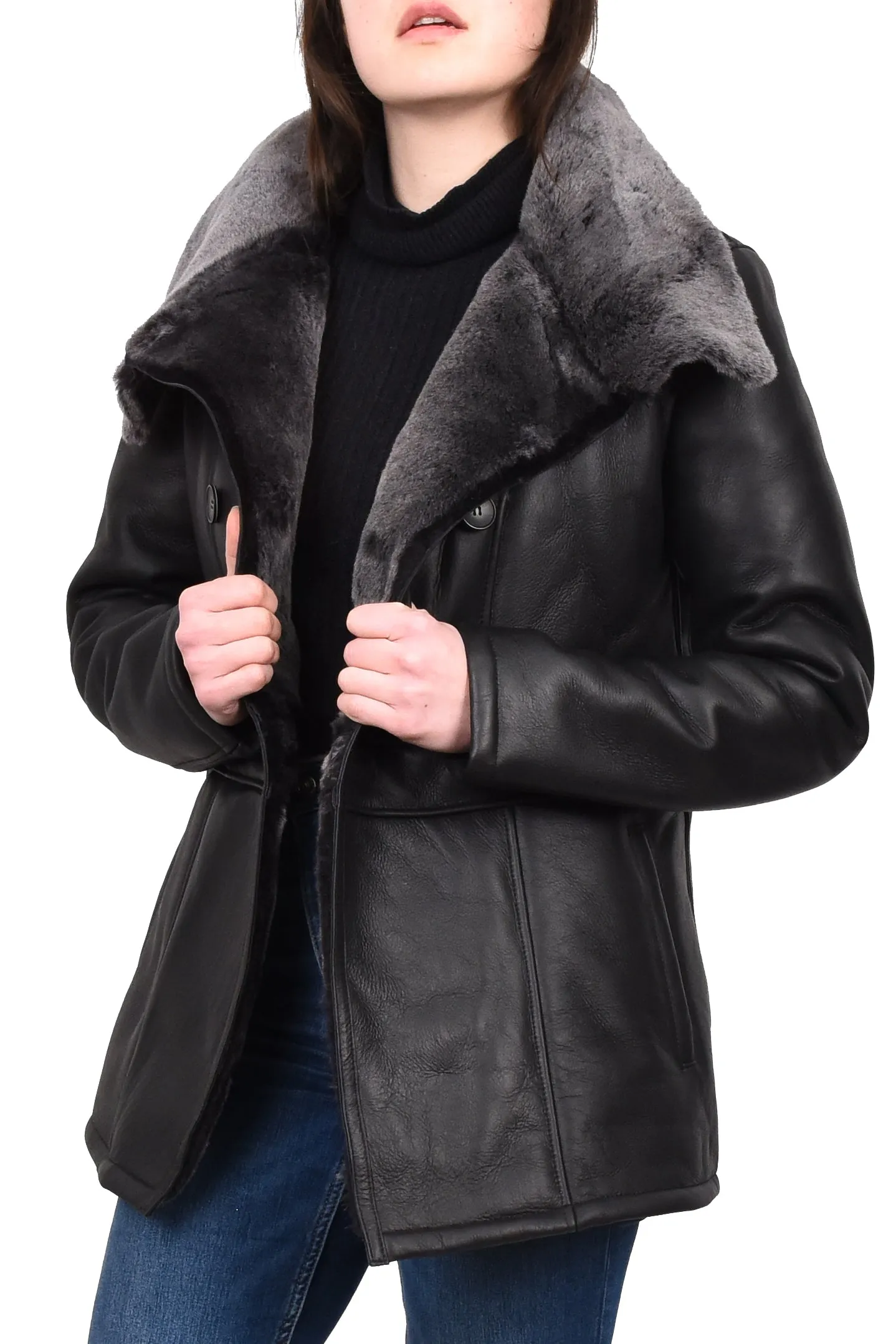 Women's Supple Sheepskin Double Breasted Fur Collar Coat Black Thelma