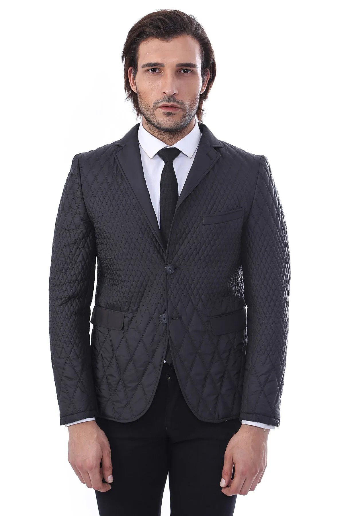 WSS 3 Pockets 2 Button Quilted Coat Jacket Black Short Coat- - Singen