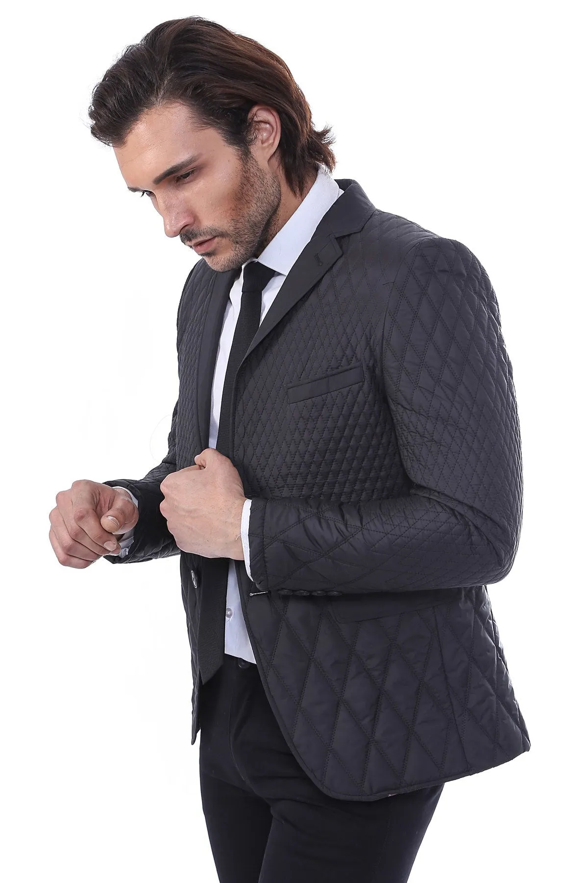 WSS 3 Pockets 2 Button Quilted Coat Jacket Black Short Coat- - Singen